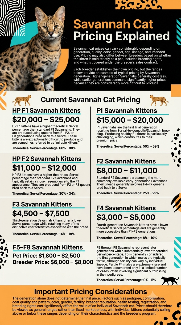 Infographic titled Savannah Cat Pricing Explained, with a Savannah cat photo on the left and colorful shapes, detailing price ranges for F1–F5 generations and explanatory text.